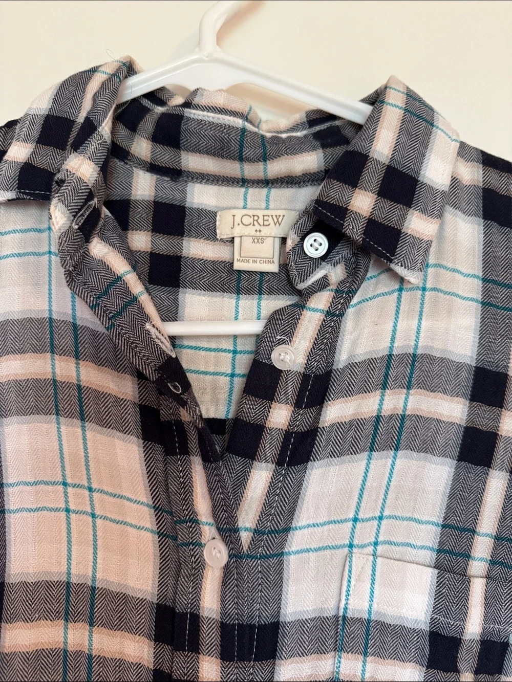 J. Crew White Black Plaid Shirt with Teal Stripe